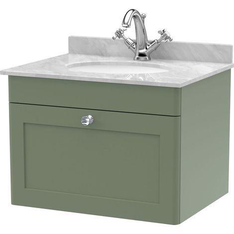 Swynnerton Traditional 1 Drawer Wall Hung Vanity Unit with Marble Basin, Satin Green, 600mm