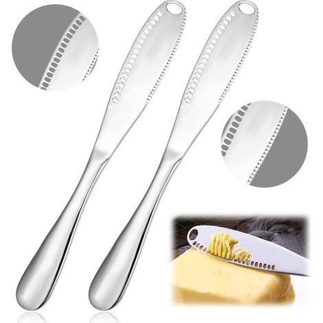 Coltello da burro 3 in 1: coltello da burro in acciaio inossidabile con fori, spalmaburro freddo, arricciacapelli e grattugia micro per formaggio e arachidi (argento, 8,66 x (1/5)