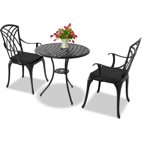 Homeology OSHOWA Black Aluminium Weatherproof Outdoor Table and 2 Comfortable Chairs with Armrests Bistro Set with Black Cushions (1/5)