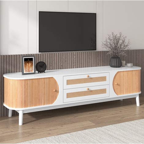 Mobile TV bianco e legno con ante scorrevoli, cassetti e fianchi effetto rattan (1/5)