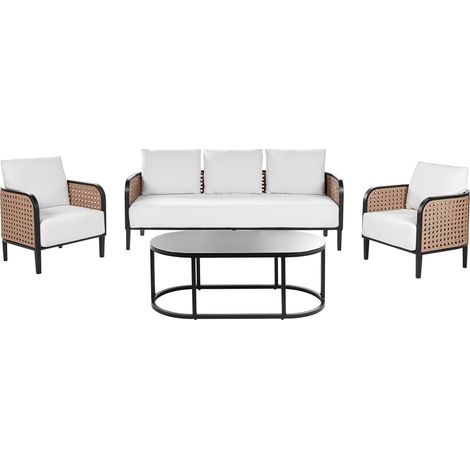 Salon de Jardin Canapé 3 Places Table Basse et 2 Fauteuils Aluminium Noir avec Coussins Déperlants Blanc Cassé Montefalco
