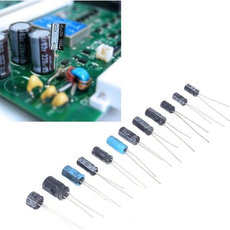 120 condensateurs électrolytiques traversants, conditionnés en sachets, 0,22 µF à 470 µF, 12 capacités, 10 unités de chaque. (1/5)