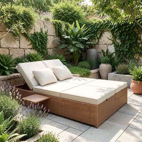 URBAN MEUBLE Transat Chaise Longue de Repos Double en Rotin - Pliable & Blanc Coussins (1/5)