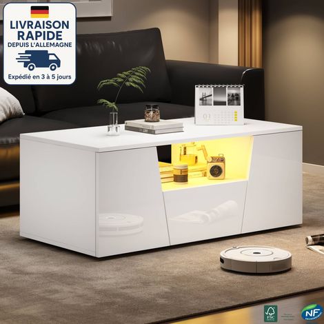 MODFU - Tavolino da caffè rettangolare a LED con 2 ante e 1 cassetto con vano portaoggetti aperto, tavolino laterale per soggiorno e camera da letto, 100×50×40 cm, bianco (1/5)