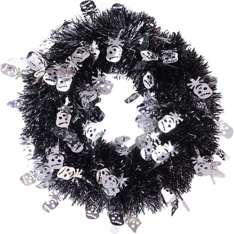 (1 Stück) (Silbernes Totenkopf-Design) Künstlicher Halloween-Kranz/Gartendekoration, Kürbis-Totenkopf-Anhänger, 27 cm, PET (1/2)