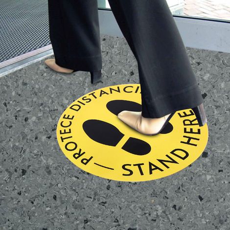 5 Marqueurs de Sol pour Distanciation Sociale - Autocollants Adhésifs pour Écoles, Commerces et Espaces Publics - Jaune Vif (1/5)