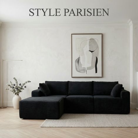 Canapé d’angle noir Full Mousse – Ultra Confort en Tissu Côtelé – 250 x 160 cm – Design Moderne et Cosy