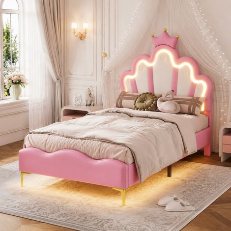 Letto bambino 90x200 cm in legno e PU rosa con LED regolabile, senza materasso FloraGrace (1/5)