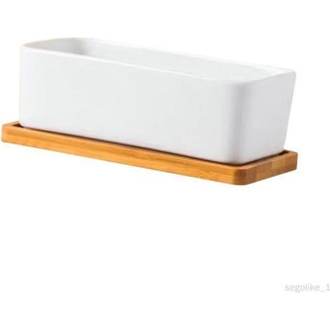 Pot de fleur - Artisanal - Rectangulaire - Céramique - Avec plateau en bois - 17cm x 9,3cm x 6cm (1/4)