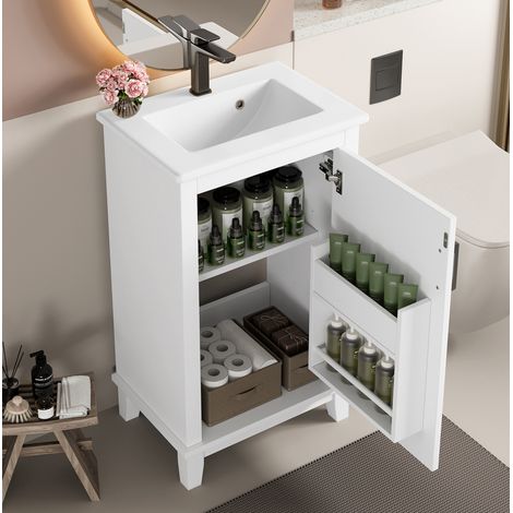 Meuble vasque 51x34x83 cm MDF et céramique blanc, rangement pour petit espace – MEUBLIV (1/5)