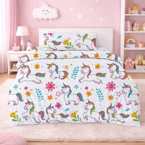 Parure de lit 3 pièces pour lit de 90 cm avec housse de couette de 150 x 220 cm avec 1 taie d'oreiller et drap-housse réglable, motif licorne en polyester, très douce et respirante (blanc) (1/5)