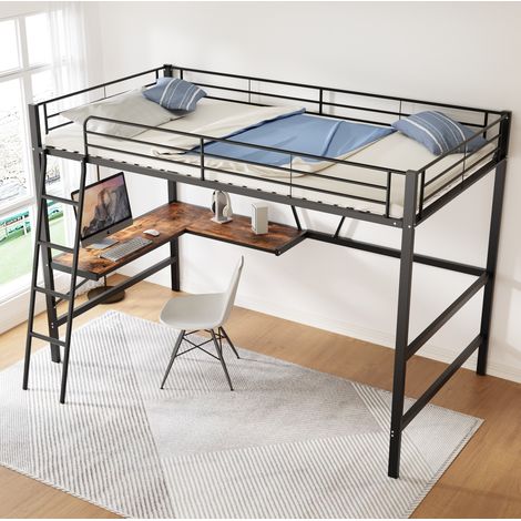90x200cm Bettgestell Metallbett, Eisenbett, Hochbett mit L-förmigem Schreibtisch und einem Regal für Kinder, Jugendliche und Erwachsene, schwarz (1/5)