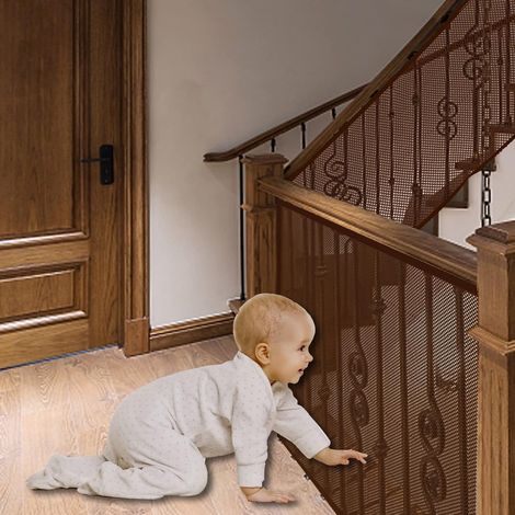 Filet de sécurité pour escalier et balcon dimensions 300 x 79 cm en maille robuste et réglable pour protéger enfants et animaux domestiques couleur marron (1/5)