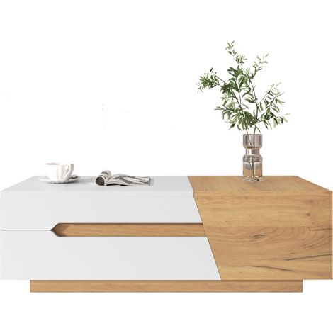 Table basse relevable avec tiroirs et rangement coulissant, 120 cm, MDF blanc et bois clair, style moderne pour salon, gain de place - CHICFURN (1/5)