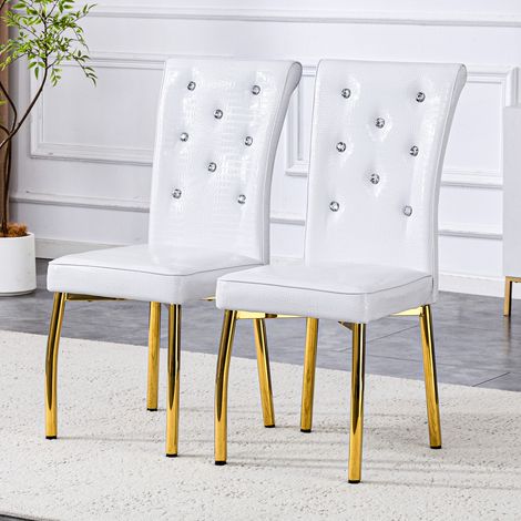 Lot de 2 fauteuils de salle à manger rétro simili cuir crocodile,boucle cristal,design luxueux,pieds métal plaqué or. (1/5)