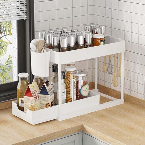 Organiseur sous lavabo – Étagère coulissante 2 niveaux – Tiroir et crochets – Blanc – Gain de place (1/5)