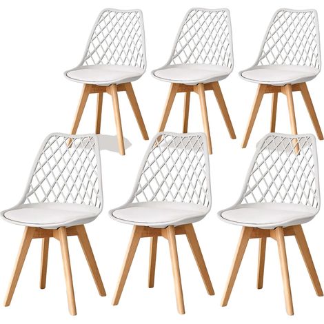 Chaises de salle à manger, siège en cuir rembourré, pieds en bois massif, 6pcs Blanc (1/2)
