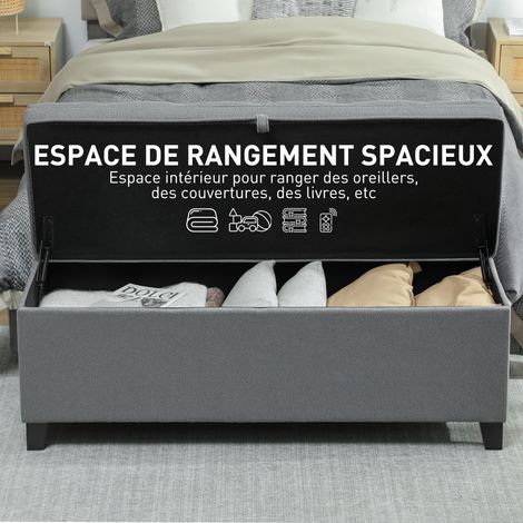 Banc rangement 112L banquette bout de lit lin capitonné 120x40x48 cm gris foncé