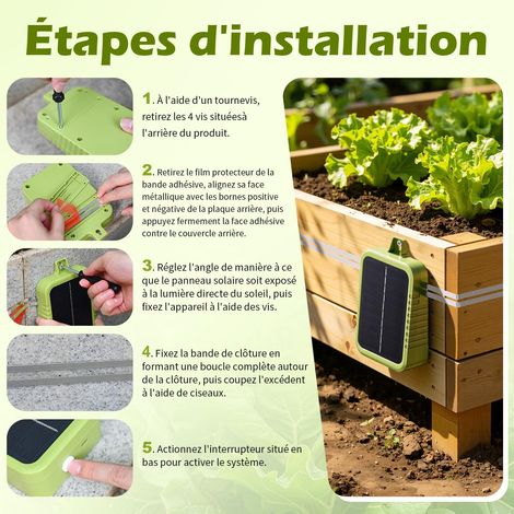 Kit de Clôture Électrique Anti-Limaces, Panneau Solaire 2W et Batterie Lithium Intégrée 2.4Ah, Appareil de Protection avec Bande de Clôture 12m et Accessoires Anti-Limaces, pour Jardins Protection (1/4)