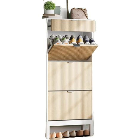 Schuhschrank, Klapptüren, platzsparendes Design, weiße Eiche (1/2)