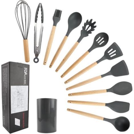 Ustensiles De Cuisine En Silicone - Manche Bois - Résistant Jusqu'à 230 °C - Pour Poêles Antiadhésives - 11 Pièces Avec Seau Plastique (1/4)