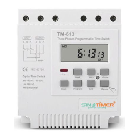 TM-613 Relais Temporisé Programmable 380V / 50-60Hz 16A Relais Hebdomadaire Commutateur de Minuterie de Puissance Interrupteur de Minuterie Triphasé Horloge Numérique Intelligente