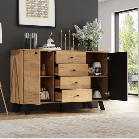 Buffet de salon 120 x 38 x 75 cm, 4 tiroirs, 2 placards, MDF et pieds en bois HAVRYA (1/5)