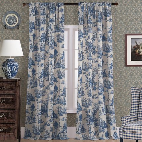 Rideaux bleu roi pour le salon, arborant un motif floral printanier vintage façon Toile de Jouy ils laissent bien passer la lumière et conviennent aux portes coulissantes coloris blanc et bleu, long (1/5)