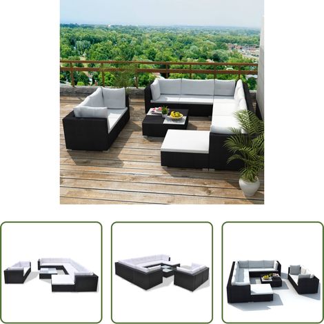 Canapé rotin - Salon de jardin 10 pcs avec coussins Résine tressée Noir (1/5)