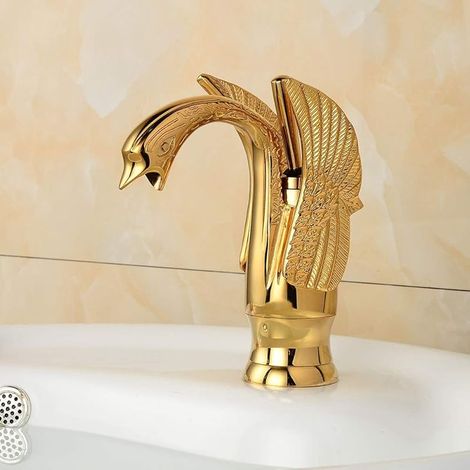 Robinets De Lavabo Robinet De Cygne Doré Moderne Galvanoplastie Laiton Mélangeur Salle De Bains Bouche Incurvée (1/5)