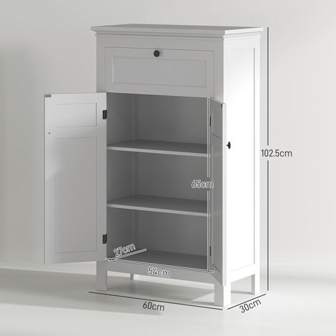 Meuble de salle de bain à deux portes et tiroirs, meuble gain de place avec étagères réglables, 60 x 30 x 102,5 cm, blanc (1/5)