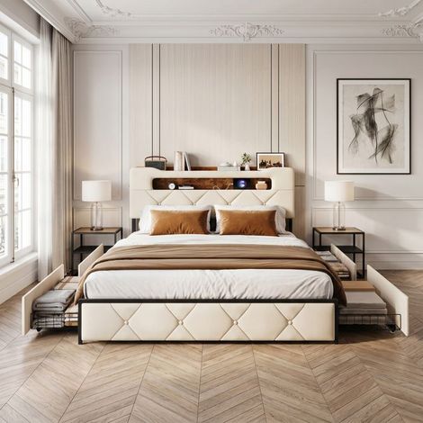 Bett 140x200 cm - Beige Samt gepolstertes Kopfteil - 4 Schubladen - Integrierte LED - USB-Anschlüsse (1/5)