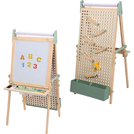 Sunny Mika Chevalet Pour Enfants En Bois, Panneau Perforé, Beige Double Face : Tableau Blanc/Noir Tableau Magnétique, Rouleau De Papier, Craies, Feutres, Effaceur Et Aimants 47 X 41 X 145 Cm (1/5)