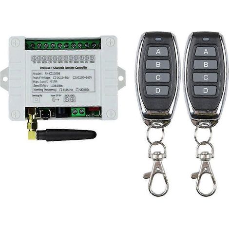 Relais sans fil RF 4 canaux 12 V, 24 V, 36 V, 10 A, 433 MHz : récepteur + émetteur 4 canaux, 1 récepteur et 2 télécommandes. (1/5)