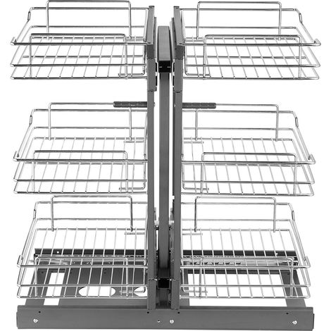 Étagère coulissante 3 niveaux pour placard d'angle, ouverture 15", acier chromé, compatible gauche/droite, rangement cuisine pratique. (1/5)