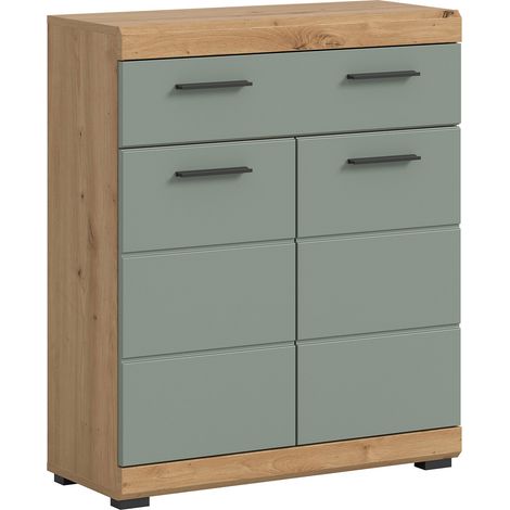 M&S – Meuble bas de salle de bain 74x31x88 cm en panneaux de particules chêne brun et kaki – Double porte et grand tiroir
