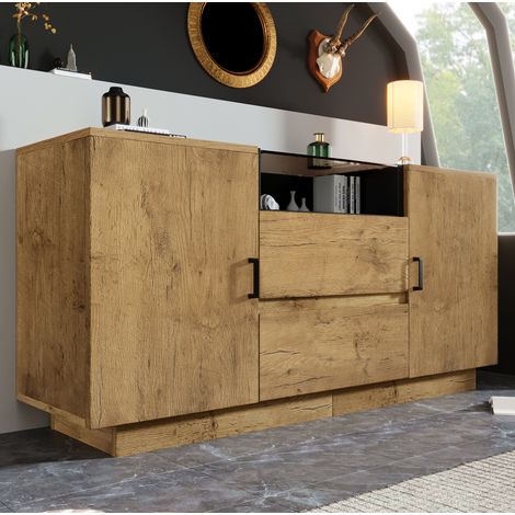 Commode 140x40x70 cm chêne clair en bois, verre et métal avec 2 tiroirs, 2 placards et niche ouverte (1/5)