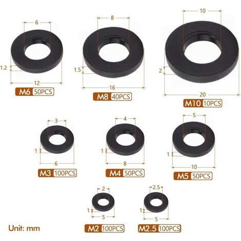 500 Pcs Rondelles Plastique Noir Rondelles À Verrouillage Fixations, Rondelle Autobloquante Assortiment Rondelle Mécanique M2.5 M3 M4 M5 M6 M8 M10 (1/3)