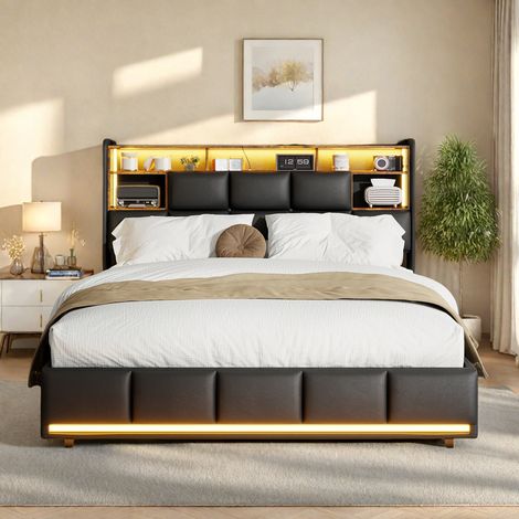Lit Coffre 140x200 cm, Lit Hydraulique 2 Personnes 140x200 cm avec ports LED et USB, Lit avec Rangement PU, sans Matelas (1/5)