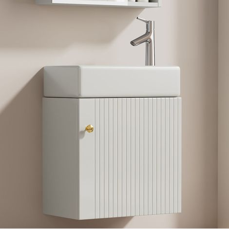 Mobile lavabo in MDF bianco con lavabo in ceramica e anta soft-close, salvaspazio per bagno piccolo