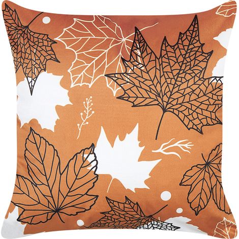 Cojín de terciopelo naranja blanco negro 45 x 45 cm patrón de hojas Poinsettia (1/5)