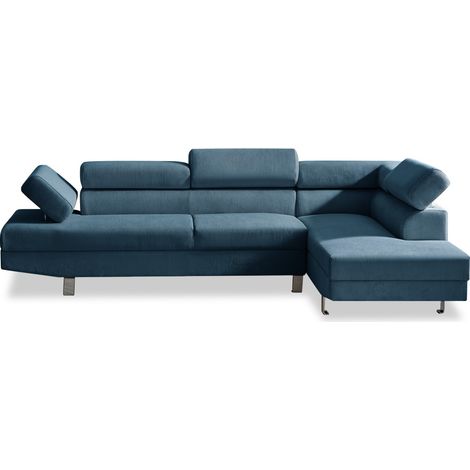 Canapé d'angle droit avec têtières relevables Palerme velours côtelé bleu (1/5)
