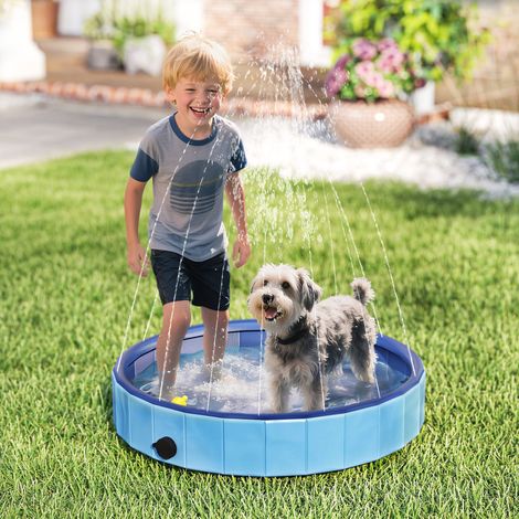 Petite piscine Ø80x20 cm bleu pour chiens pliable avec arroseur en PVC antidérapant clair