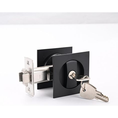 Serrure coulissante dissimulée, serrure à mortaise, serrure coulissante de salle de bain (noire, avec clé) (1/5)