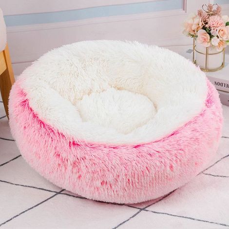 Lit rond et duveteux pour animaux, cave anti-anxiété pour chat, fond antidérapant, lavable en machine (Rose foncé, 60cm) (1/5)