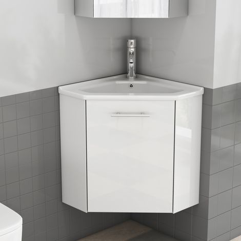 Meuble d’angle de salle de bain blanc brillant avec vasque en céramique, charnières à fermeture douce, MDF (1/5)