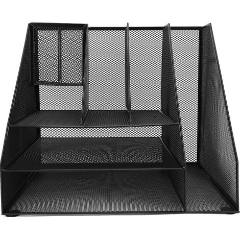 Organisateur de bureau noir en maille de fer 3 niveaux bac à courriers et lettres 2 porte-stylos et rangement dossiers (1/5)