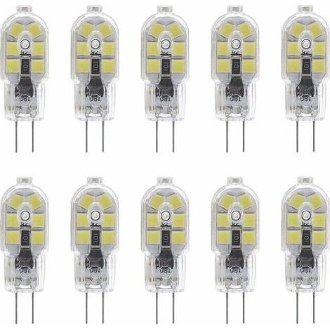 10er-Pack G4 2W LED-Lampen für Dunstabzugshauben, 12V AC/DC, entspricht 20W Halogenlampen, 200lm, Zweistiftfassung mit transparenter PVC-Abdeckung, Kaltweiß 6000K, nicht dimmbar