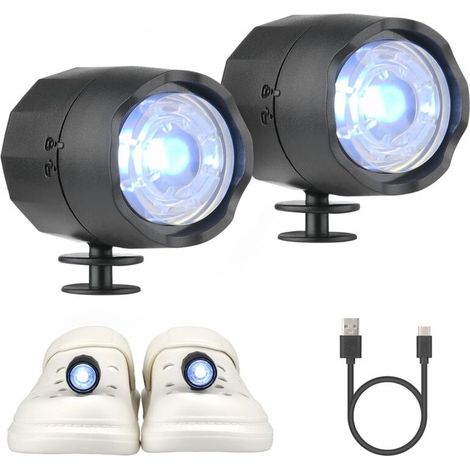 Phare pour Croc, 2Pcs LED Lumière Sabots Chaussures Phares IPX5 Chaussures Imperméables Lumières pour Promenade de Chien, Camping, Lumière de Charge Type C, Convient aux Adultes Enfants (Noir) (1/5)
