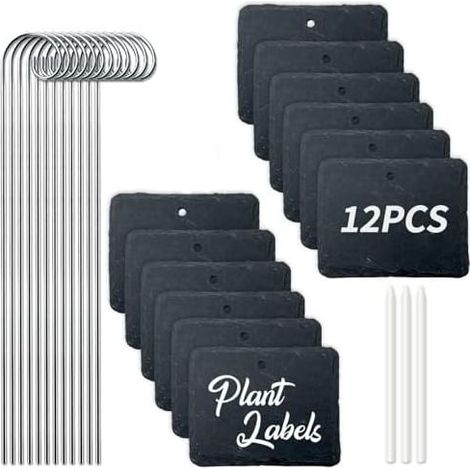 Set mit 12 rechteckigen Schiefer-Pflanzenetiketten mit Metallstiel, wasserfest, wiederverwendbar, für den Außenbereich, Kreidestift für Kräuter, Gemüsegarten und Blumen - (1/5)